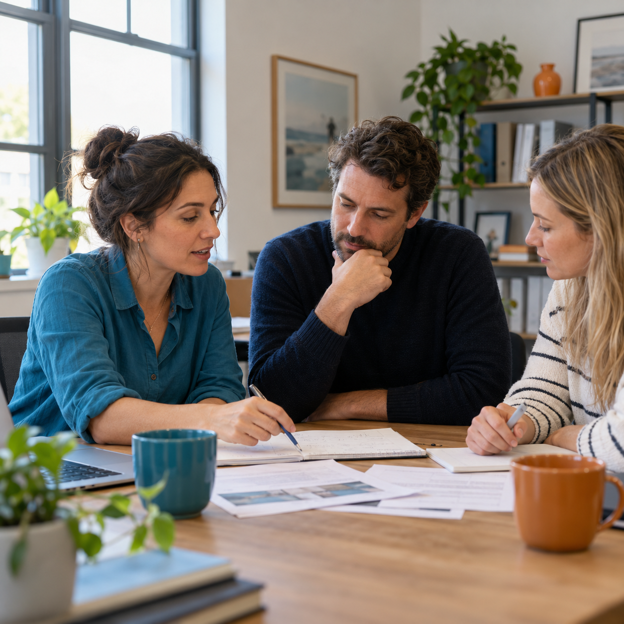 Illustrative scene of three colleagues talking through their work together in a sunlit office.
